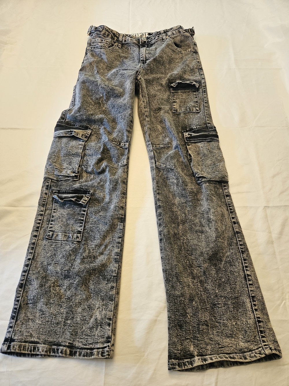 VIP Gray Acid-Wash Wide Leg Cargo Jeans